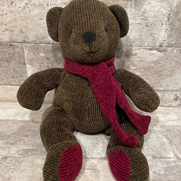 ❤️ POTTERY BARN CHENILLE OLIVE GREEN & BURGUNDY TEDDY BEAR - Picture 1 of 4